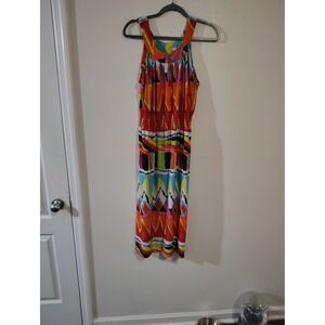 Gold‎ Flava  XL Geometric Abstract Print Smocked Waist Midi Dress Multi Color
